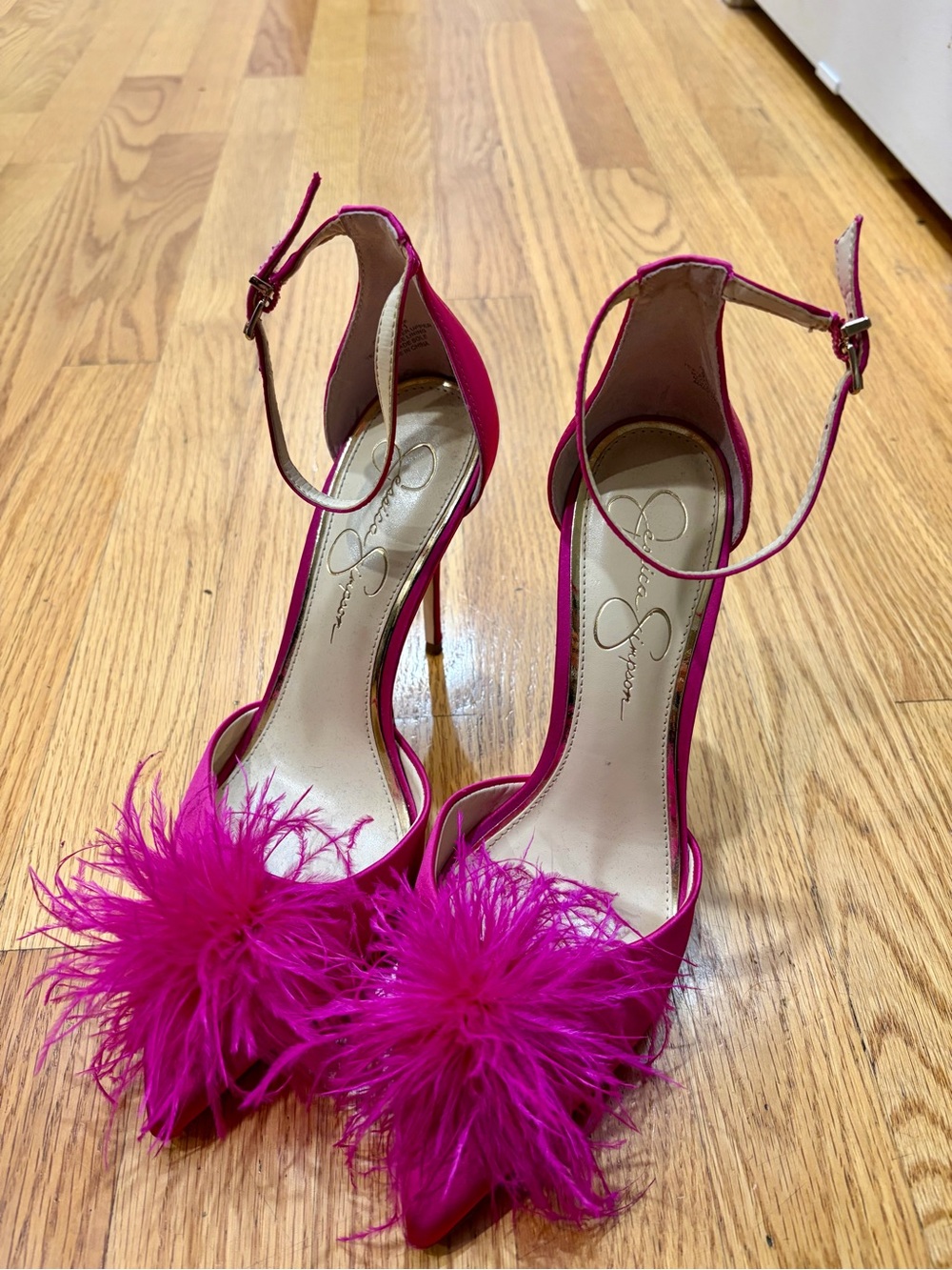 Jessica Simpson Fuchsia Feathered Ankle-Strap Stiletto Heels